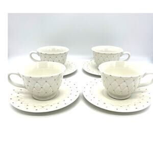 Tabletops Unlimited Embossed Golden Quilt with Gold Dots Set of 4 Cups & Saucers